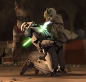 Yoda tuant les clones ( quand les clones passent du côté des Sith ) dans la Revanche des Sith